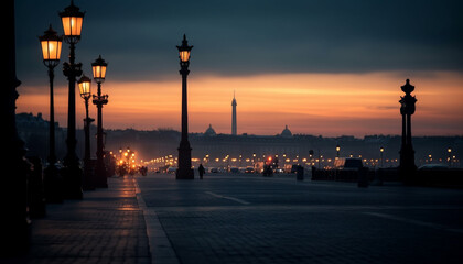 Wall Mural - Silhouette of famous minaret back lit at dusk generated by AI