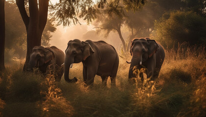 Wall Mural - African elephant herd grazing in tranquil savannah generated by AI