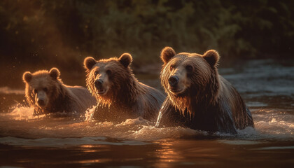 Wall Mural - Playful mammal splashing in wet forest stream generated by AI