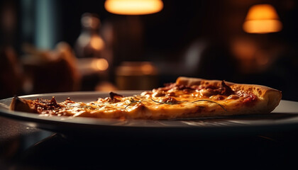 Close up of homemade baked pizza on table generated by AI