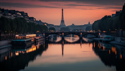 Poster - City skyline illuminated at dusk, reflecting on water generated by AI