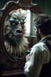 Man looking at a mirror, a beast in in the reflexion