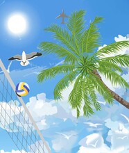 Long Beach, Summer Vibes Beach Illustration, Hawaii, Beach Vector Print, Tropical Island With Palm Trees And Sea, Illustration Of Bird And Palm Tree On Sea Beach, Good For Poster And Illustration
