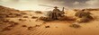 crashed military airforce helicopter or chopped in the middle of the desert for warfare aftermath or mission failure as wide banner with copyspace area - Generative AI