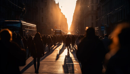 Sticker - Crowded city street at dusk, back lit generated by AI