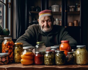 Wall Mural - A man sitting at a table surrounded by jars of food. AI generative image.