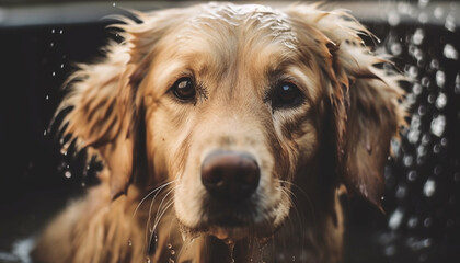 Poster - Wet puppy sitting in rain, looking cute generated by AI