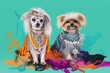 Two small dogs dressed up in colorful clothing. AI generative image.