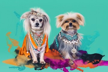 Two small dogs dressed up in colorful clothing. AI generative image.