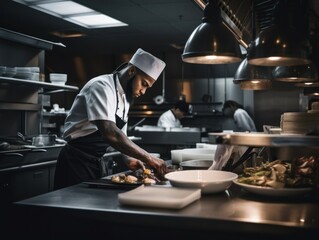 Wall Mural - A chef is preparing food in a kitchen. AI generative image.