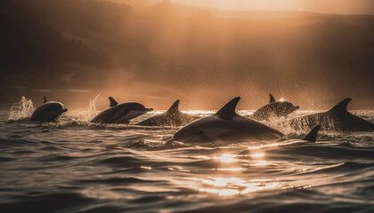 Wall Mural - Majestic humpback whale breaches in tranquil seascape generated by AI