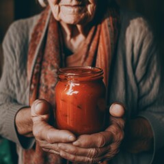 Sticker - A woman holding a jar of food in her hands. AI generative image.