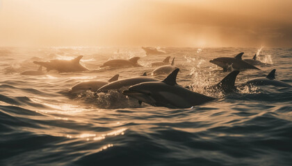 Wall Mural - Playful dolphins splashing in the blue waves generated by AI