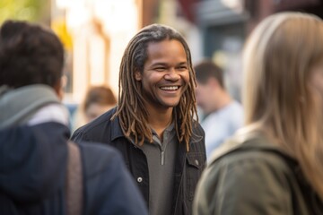 Canvas Print - A man with dreadlocks smiles at the camera. AI generative image.