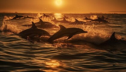 Wall Mural - Playful dolphins jumping in the sunset sea generated by AI