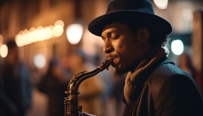 Sticker - Young saxophonist blowing blues on outdoor stage generated by AI