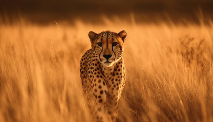 Wall Mural - Majestic cheetah walking in African savannah grass generated by AI