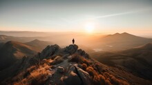 A Person Standing On Top Of A Mountain At Sunset. AI Generative Image.