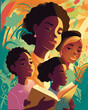 African American Mother and children reading on floral background. Mother and daughters on colorful background