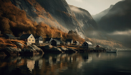 Sticker - Tranquil scene of mountain hut by water generated by AI