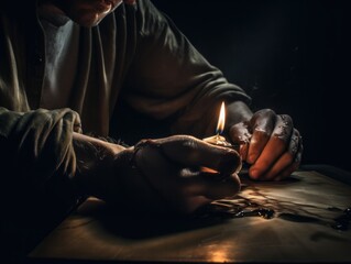 Sticker - A man lighting a candle on top of a wooden table. AI generative image.