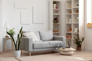 Interior of light living room with grey sofa, houseplants and shelving unit