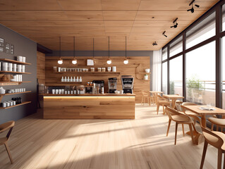 Wall Mural - Generative Ai: Simple Coffee shop, wooden style