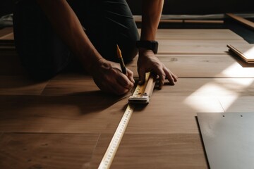 Canvas Print - A person laying on the floor with a tape measure. AI generative image.