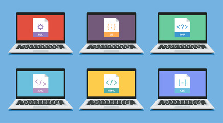 Wall Mural - set of document file format icon on laptop screen for programmer or developer, vector flat illustrat