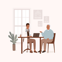 Smiling Black Male Doctor Or General Practitioner Having A Clinical Consultation While Writing Notes For A Senior Man Patient At His Office. Full Length. Flat Design Style, Character, Cartoon.