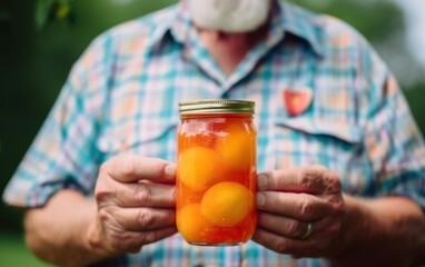 Sticker - A man holding a jar filled with oranges. AI generative image.