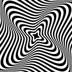 Optical illusion background. Black and white abstract distorted lines surface. Poster design. Radial torsion spiral illusion wallpaper. Vector illustration