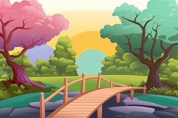 Wall Mural - serene wooden bridge crossing over a babbling stream in a peaceful park setting Generative AI