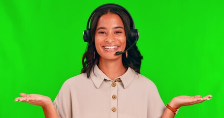 Canvas Print - Call center, customer service and a woman on a green screen with hands for mockup choice. Face of african person, agent or consultant advertising palm space for crm, sales support and telemarketing