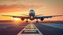 A Large Jetliner Taking Off From An Airport Runway At Sunset Or Dawn With The Landing Gear Down And The Landing Gear Down, As The Plane Is About To Take Off. Generative Ai