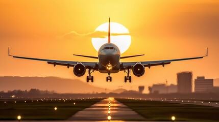 a large jetliner taking off from an airport runway at sunset or dawn with the landing gear down and 