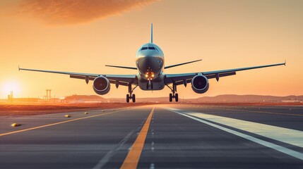 a large jetliner taking off from an airport runway at sunset or dawn with the landing gear down and 