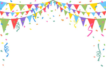 Celebrate hanging triangular garlands with confetti. Colorful perspective flags party isolated on white background. Birthday, Christmas, anniversary, and festival fair concept. Vector illustration.