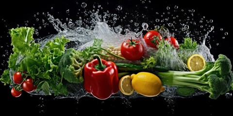 Wall Mural - Vegetables with Water Splash on Dark Background, Diet Food for Nutrition and Digestion. Generative Ai