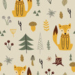 Semless woodland pattern with cute foxes and hand drawn elements. Scandinaviann style childish texture for fabric, textile, apparel, nursery decoration. Vector illustration