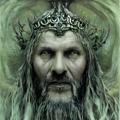 Wall Mural - Viking north druid lich mermaid king wise old man god of death witch pagan face portrait, underwater, covered in runes, crown made of bones, necromancer. Generative AI