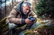 Nature photographer passionately crouching with a camera in a forest, absorbed in capturing the natural beauty and adventure of the wilderness, generative ai