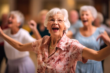 Candid capture of a joyful group of seniors showing vitality while dancing, highlights companionship and active lifestyle in retirement, reflecting the spirit of elderly, generative ai