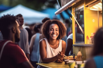 Candid shot of a diverse group of friends laughing and socializing outside a food truck during a summer outing, capturing a moment of joyful camaraderie, generative AI