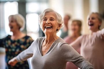 candid capture of a joyful group of seniors showing vitality while dancing, highlights companionship