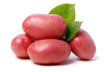 red potato with leaf isolated on white background 