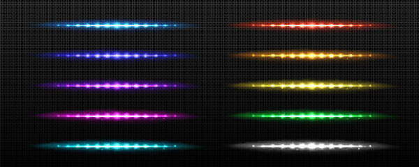 Wall Mural - Realistic set of rainbow LED stripes isolated on transparent background. Vector illustration of colorful light tubes glowing in darkness. Night club party decor. Retro futuristic design elements