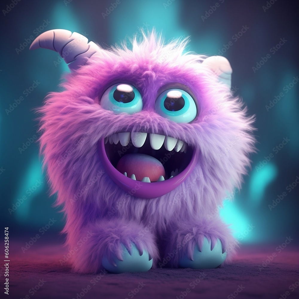 Furry and fluffy purple smiling baby monster with big eyes on the blue ...