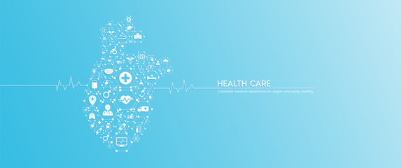 Heart health care. Medical icons inside hexagons connected in the shape of the human heart with white rate graph heart pulse. Organs icons on blue background. Medical care banner concept. Vector.