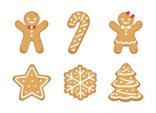 Set Of Cute Gingerbread Cookies For Christmas. Isolated On White Background. Vector Illustration.